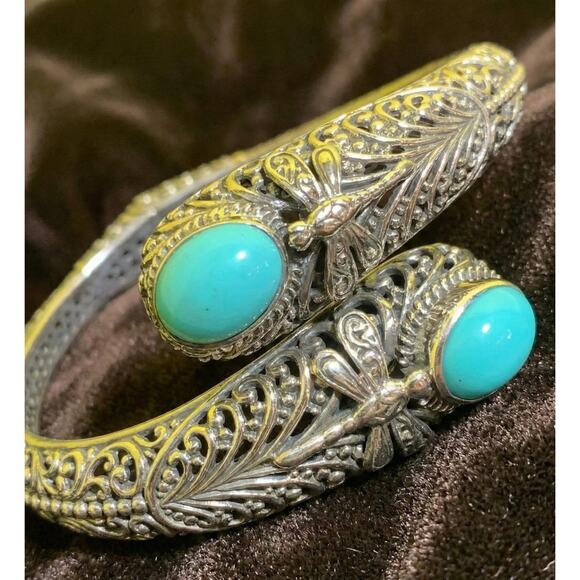 Sleeping Beauty Turquoise 925 Sterling Silver Balinese Filigree Dragonfly Bangle - Picture 3 of 6